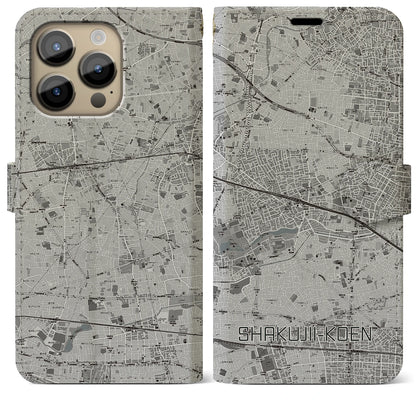 【石神井公園（東京都）】地図柄iPhoneケース（手帳タイプ）モノトーン・iPhone 14 Pro Max 用