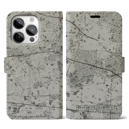 【石神井公園（東京都）】地図柄iPhoneケース（手帳タイプ）モノトーン・iPhone 14 Pro 用