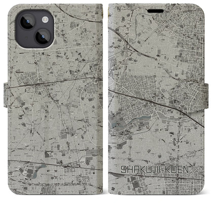 【石神井公園（東京都）】地図柄iPhoneケース（手帳タイプ）モノトーン・iPhone 14 Plus 用