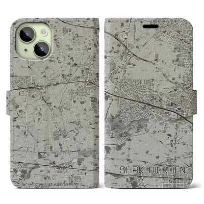 【石神井公園（東京都）】地図柄iPhoneケース（手帳タイプ）モノトーン・iPhone 15 用