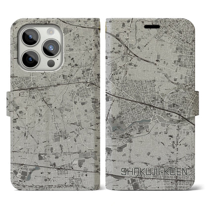 【石神井公園（東京都）】地図柄iPhoneケース（手帳タイプ）モノトーン・iPhone 15 Pro 用