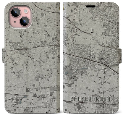 【石神井公園（東京都）】地図柄iPhoneケース（手帳タイプ）モノトーン・iPhone 15 Plus 用