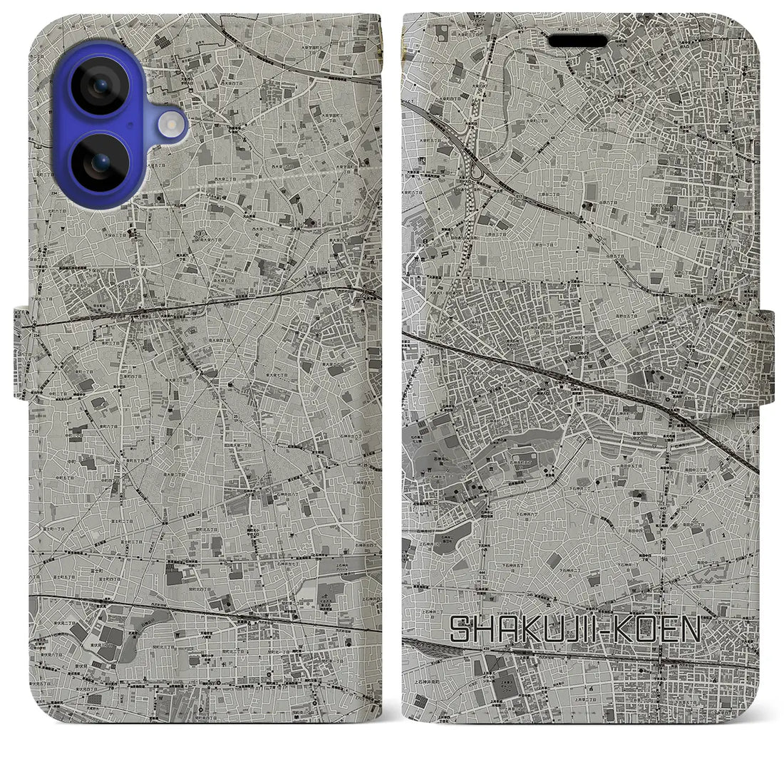 【石神井公園(東京都)】地図柄iPhoneケース(手帳タイプ)モノトーン・iPhone 16 Pro Max 用