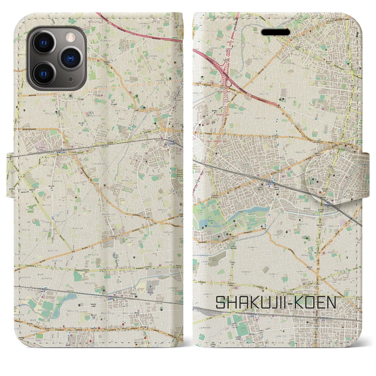 【石神井公園】地図柄iPhoneケース（手帳両面タイプ・ナチュラル）iPhone 11 Pro Max 用
