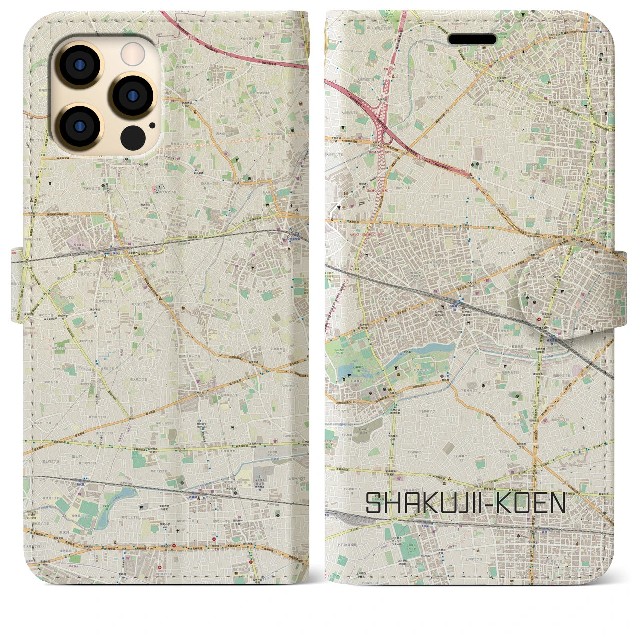 【石神井公園】地図柄iPhoneケース（手帳両面タイプ・ナチュラル）iPhone 12 Pro Max 用