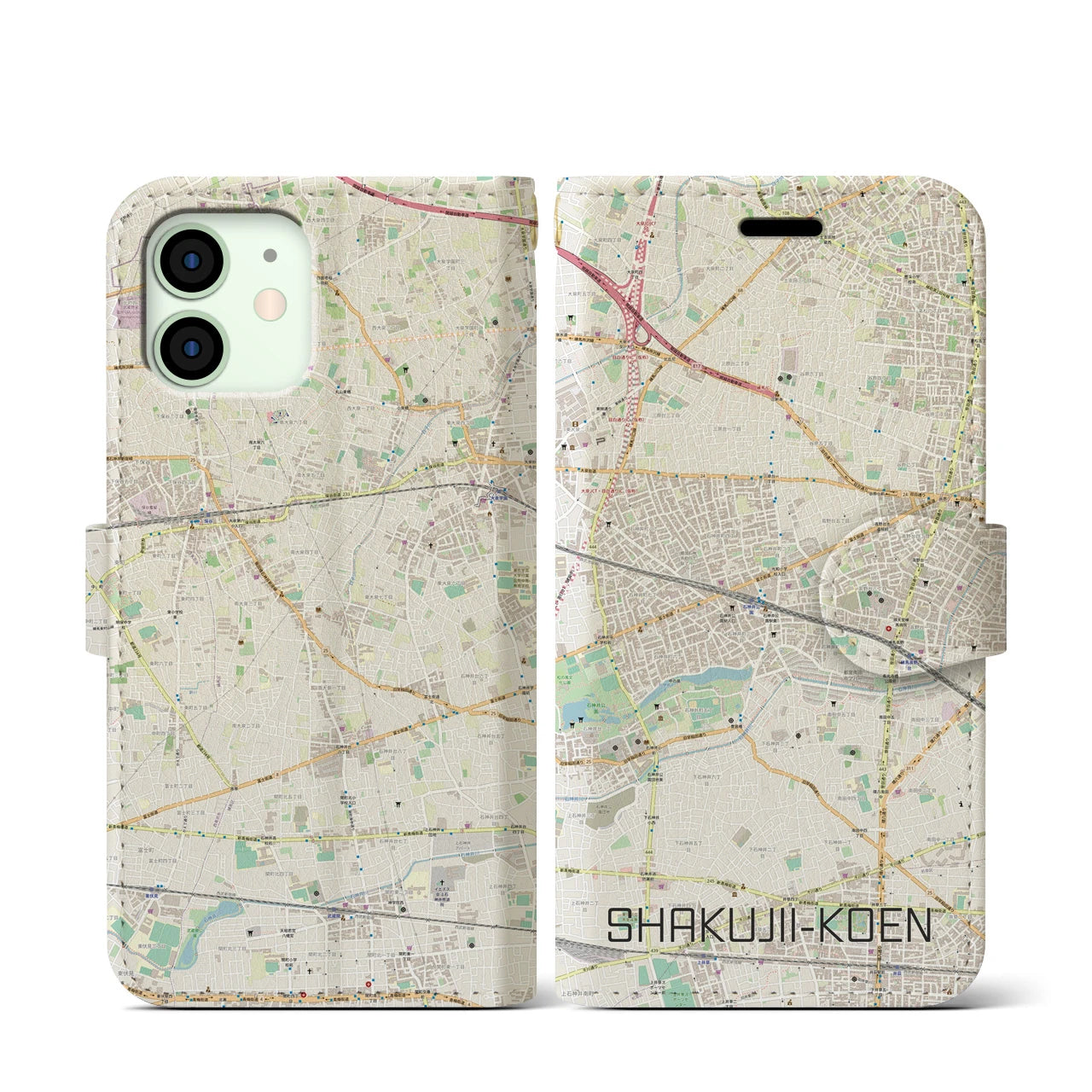 【石神井公園】地図柄iPhoneケース（手帳両面タイプ・ナチュラル）iPhone 12 mini 用