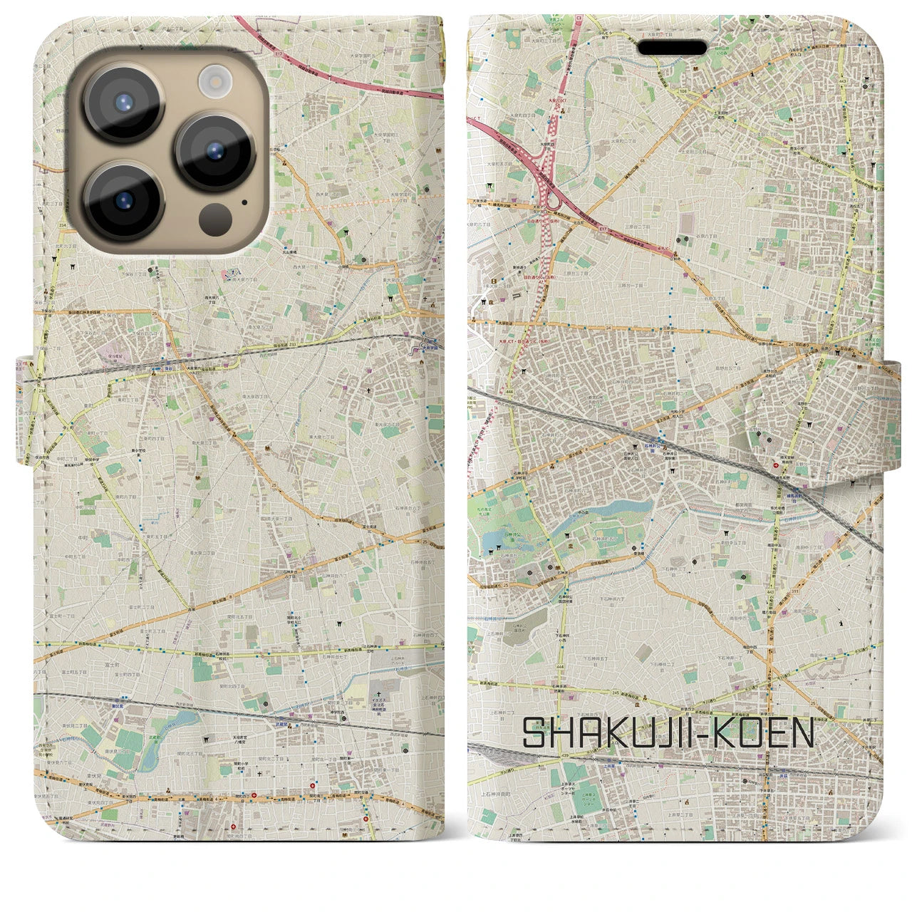 【石神井公園】地図柄iPhoneケース（手帳両面タイプ・ナチュラル）iPhone 14 Pro Max 用