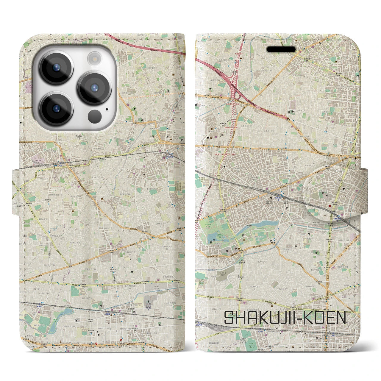 【石神井公園】地図柄iPhoneケース（手帳両面タイプ・ナチュラル）iPhone 14 Pro 用