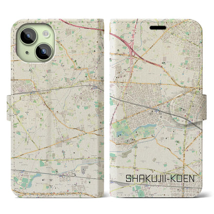 【石神井公園（東京都）】地図柄iPhoneケース（手帳タイプ）ナチュラル・iPhone 15 用