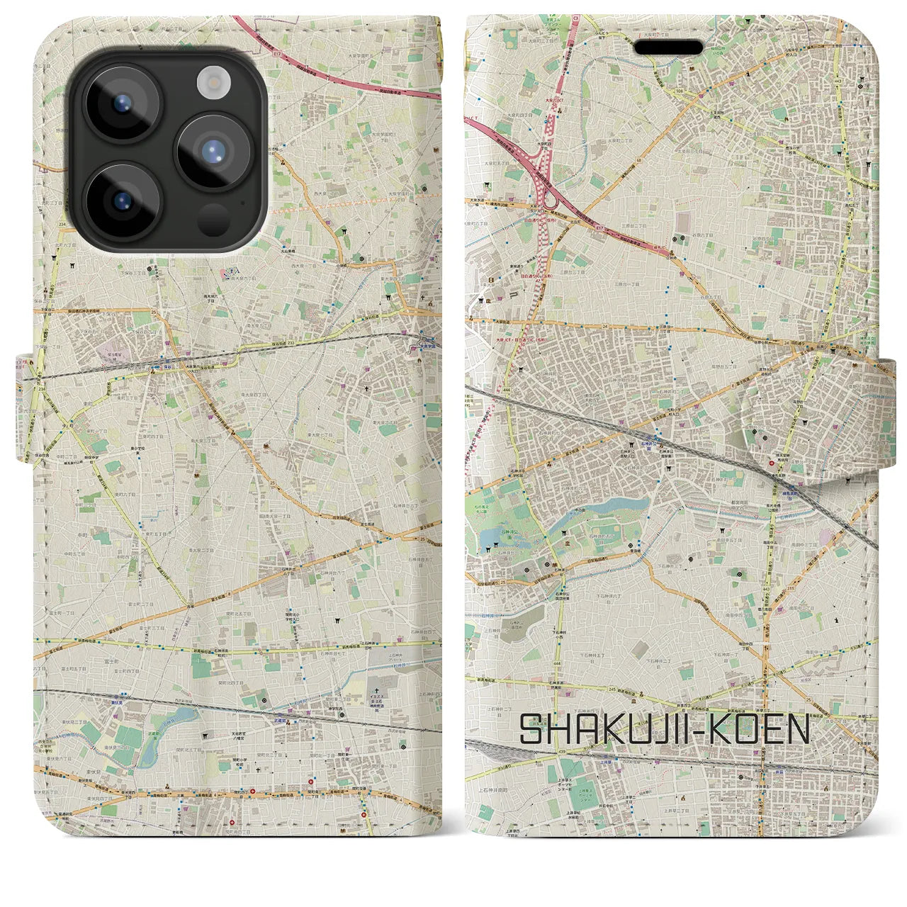 【石神井公園】地図柄iPhoneケース（手帳両面タイプ・ナチュラル）iPhone 15 Pro Max 用