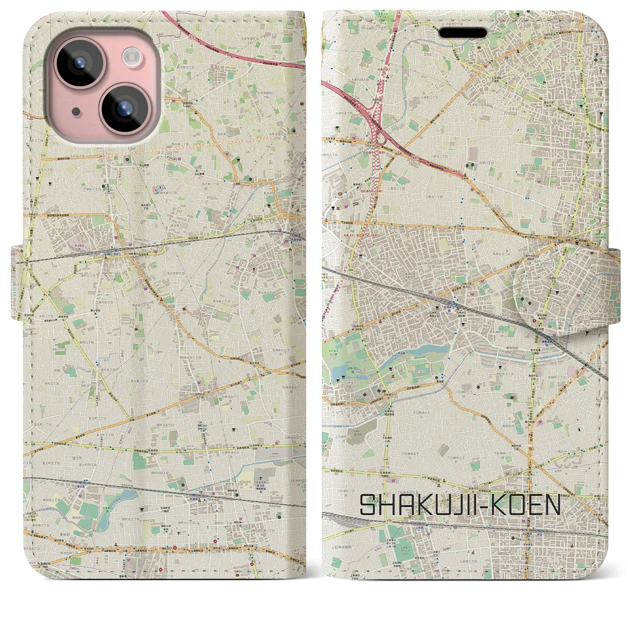 【石神井公園】地図柄iPhoneケース（手帳両面タイプ・ナチュラル）iPhone 15 Plus 用