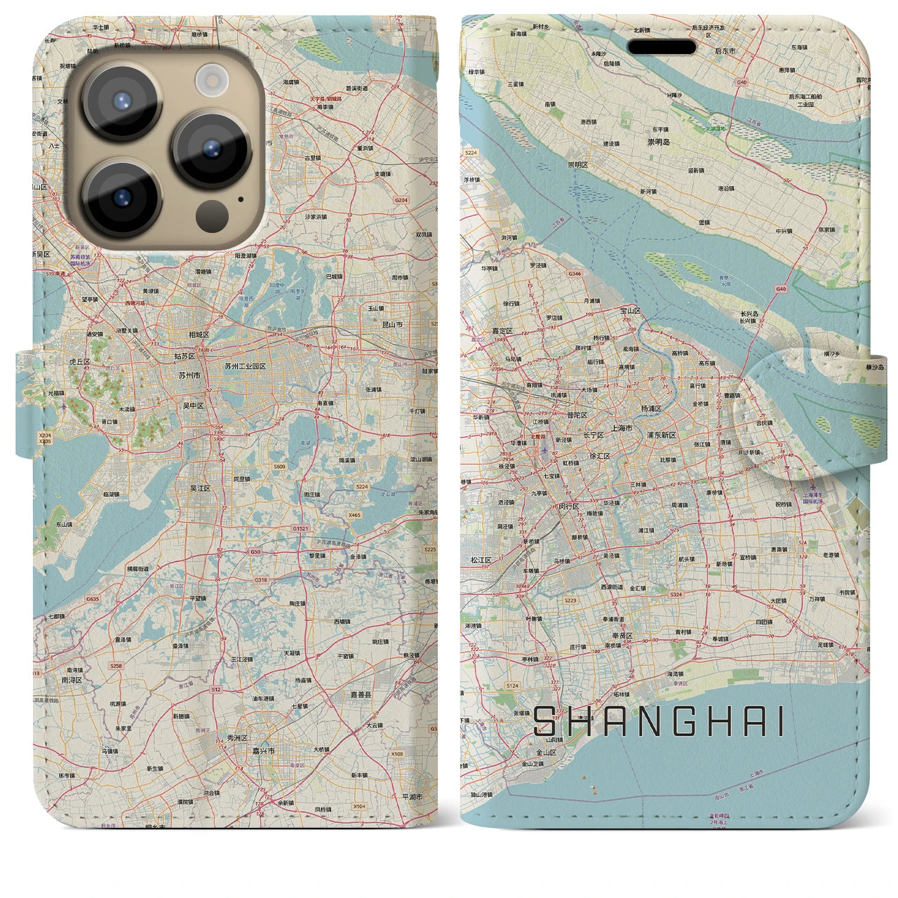 【上海2（中華人民共和国）】地図柄iPhoneケース（手帳タイプ）ナチュラル・iPhone 14 Pro Max 用