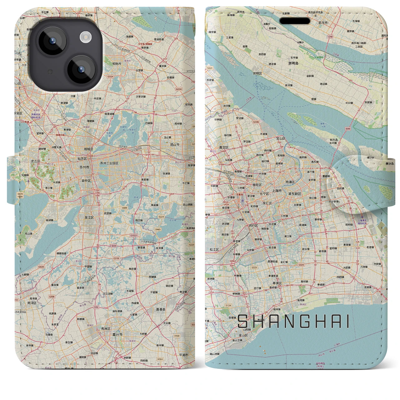 【上海2（中華人民共和国）】地図柄iPhoneケース（手帳タイプ）ナチュラル・iPhone 14 Plus 用