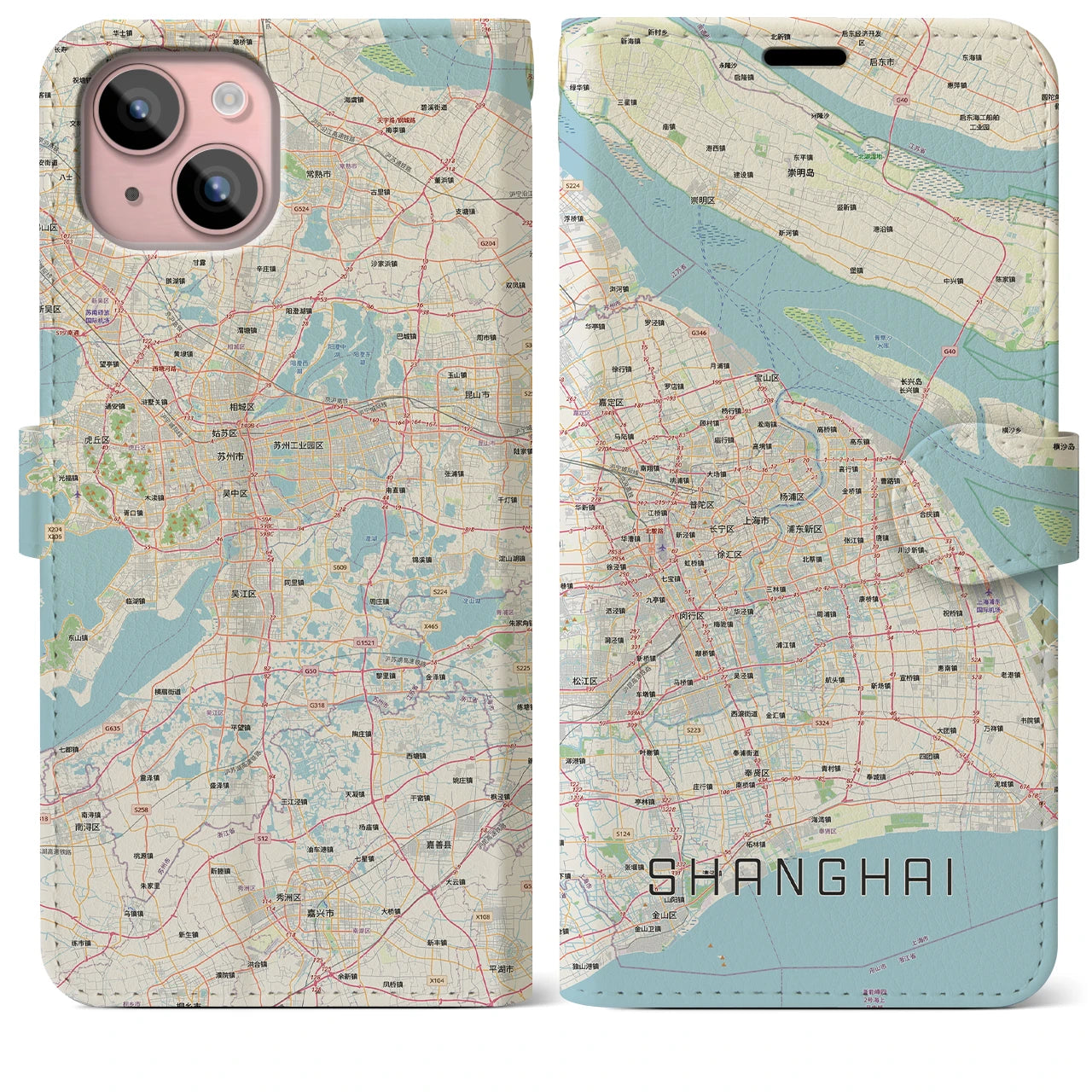 【上海2（中華人民共和国）】地図柄iPhoneケース（手帳タイプ）ナチュラル・iPhone 15 Plus 用