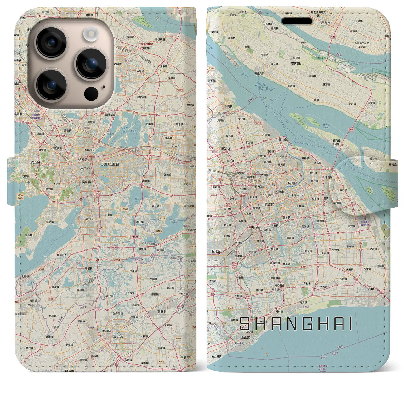 【上海2（中華人民共和国）】地図柄iPhoneケース（手帳タイプ）ナチュラル・iPhone 16 Plus 用