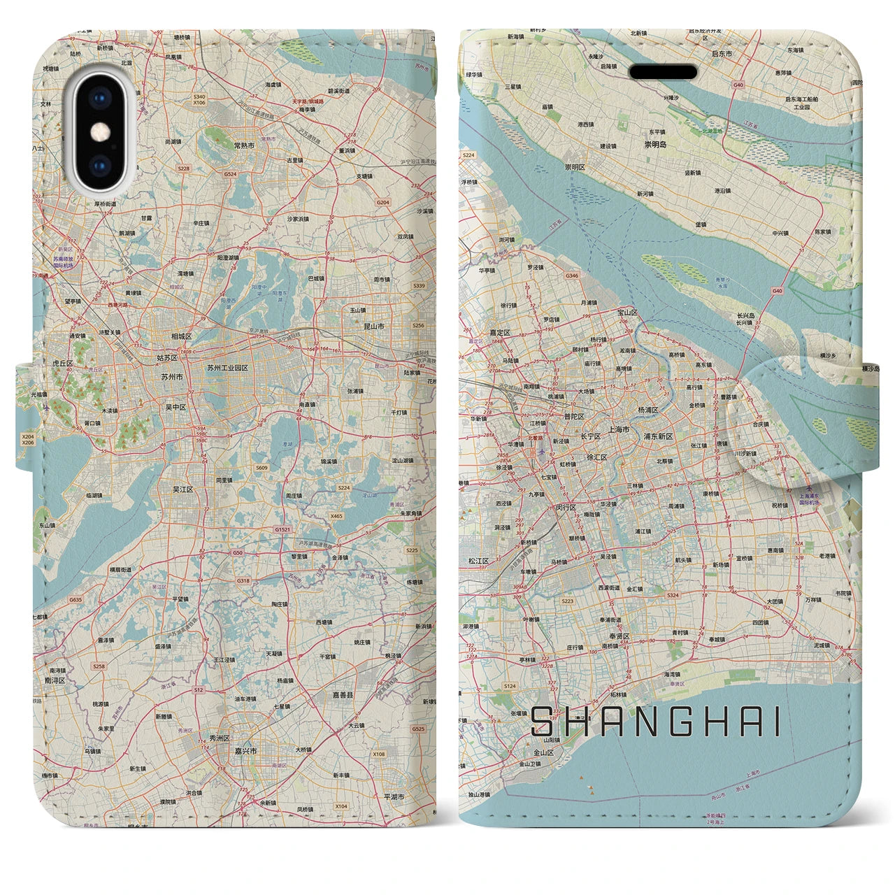 【上海2（中華人民共和国）】地図柄iPhoneケース（手帳タイプ）ナチュラル・iPhone XS Max 用