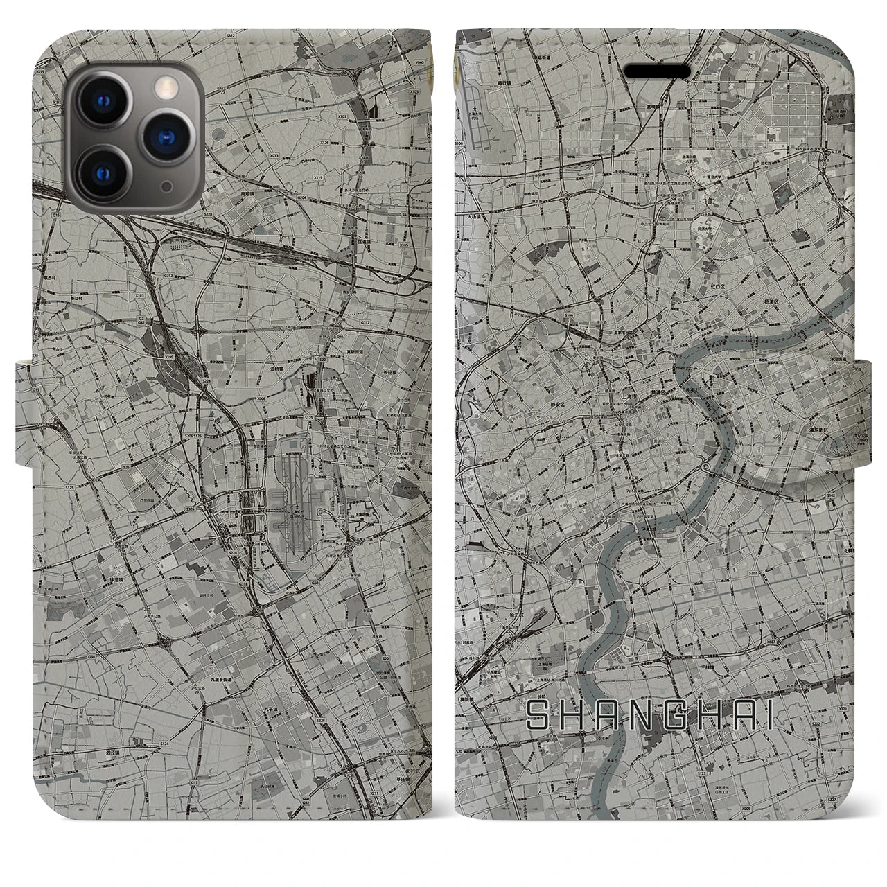 【上海】地図柄iPhoneケース（手帳両面タイプ・モノトーン）iPhone 11 Pro Max 用