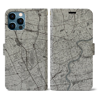 【上海（中華人民共和国）】地図柄iPhoneケース（手帳タイプ）モノトーン・iPhone 12 / 12 Pro 用