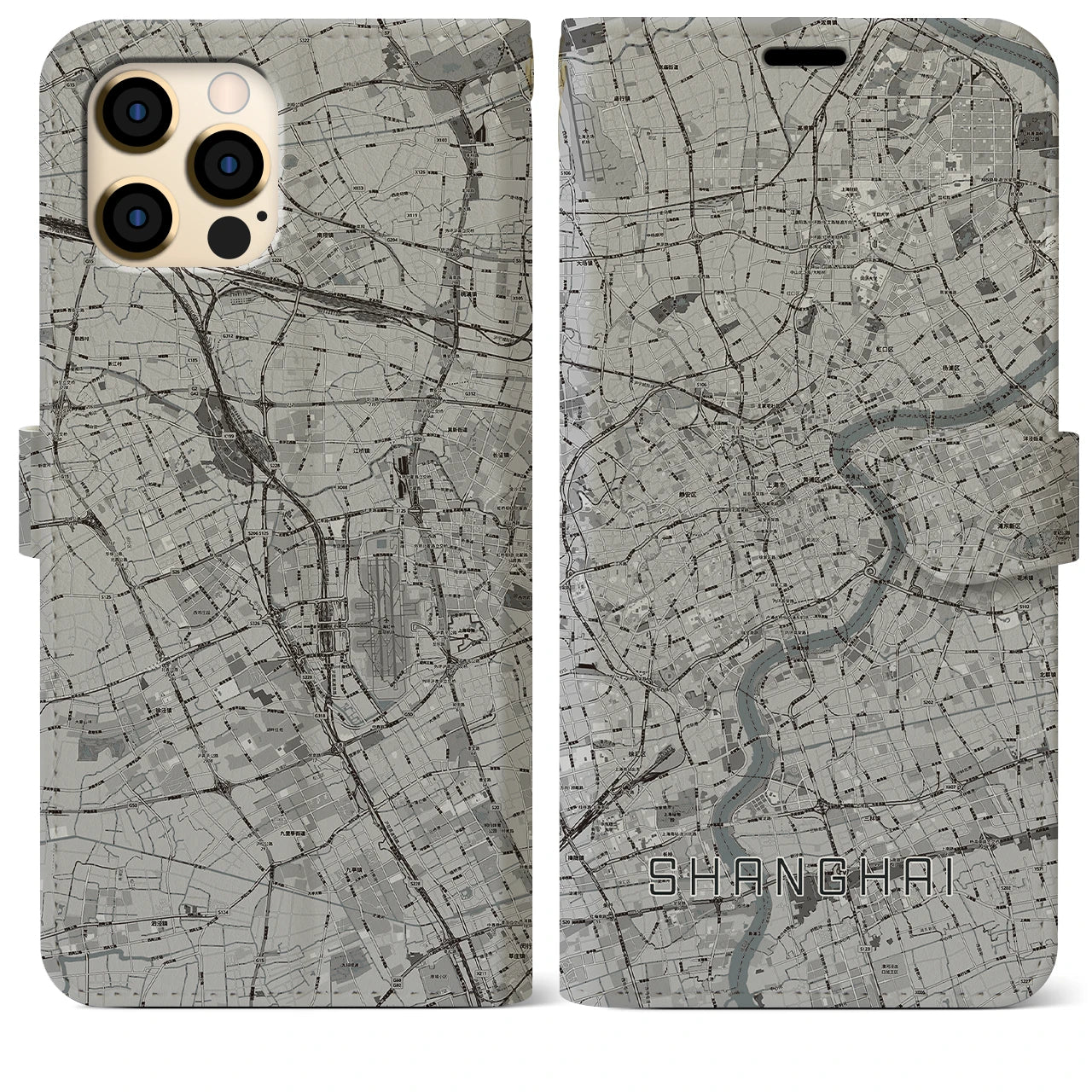【上海】地図柄iPhoneケース（手帳両面タイプ・モノトーン）iPhone 12 Pro Max 用
