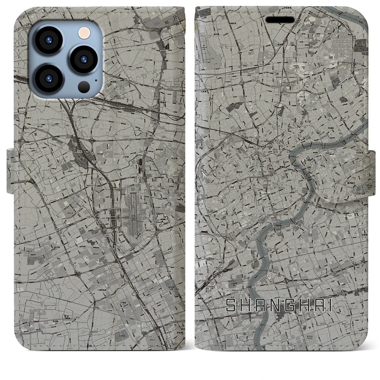 【上海】地図柄iPhoneケース（手帳両面タイプ・モノトーン）iPhone 13 Pro Max 用