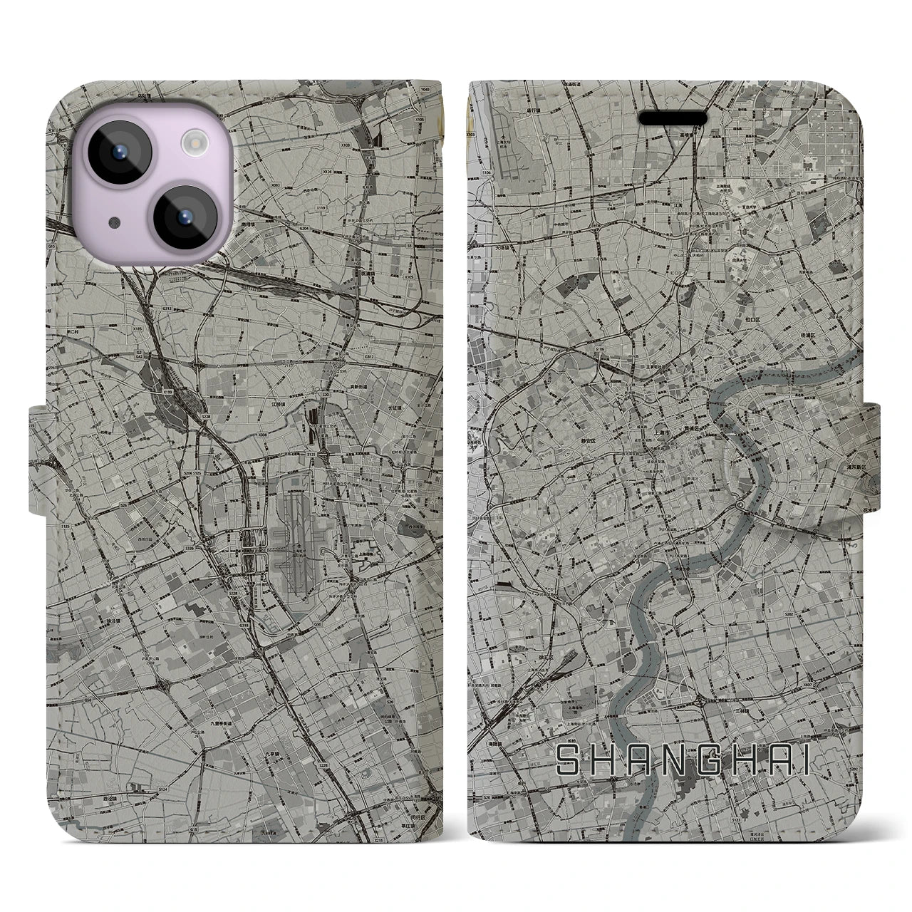 【上海】地図柄iPhoneケース（手帳両面タイプ・モノトーン）iPhone 14 用