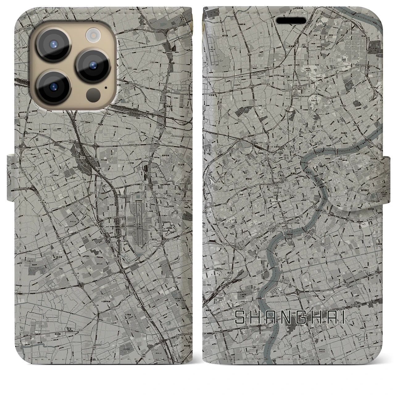 【上海】地図柄iPhoneケース（手帳両面タイプ・モノトーン）iPhone 14 Pro Max 用