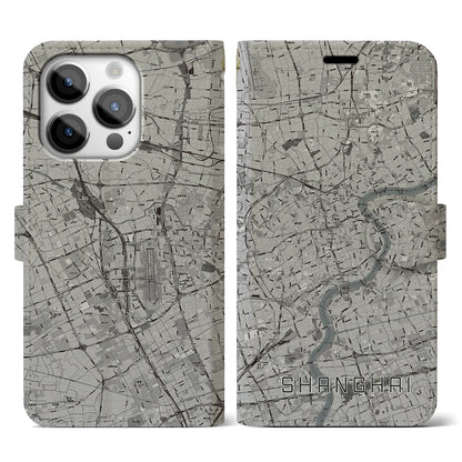 【上海（中華人民共和国）】地図柄iPhoneケース（手帳タイプ）モノトーン・iPhone 14 Pro 用