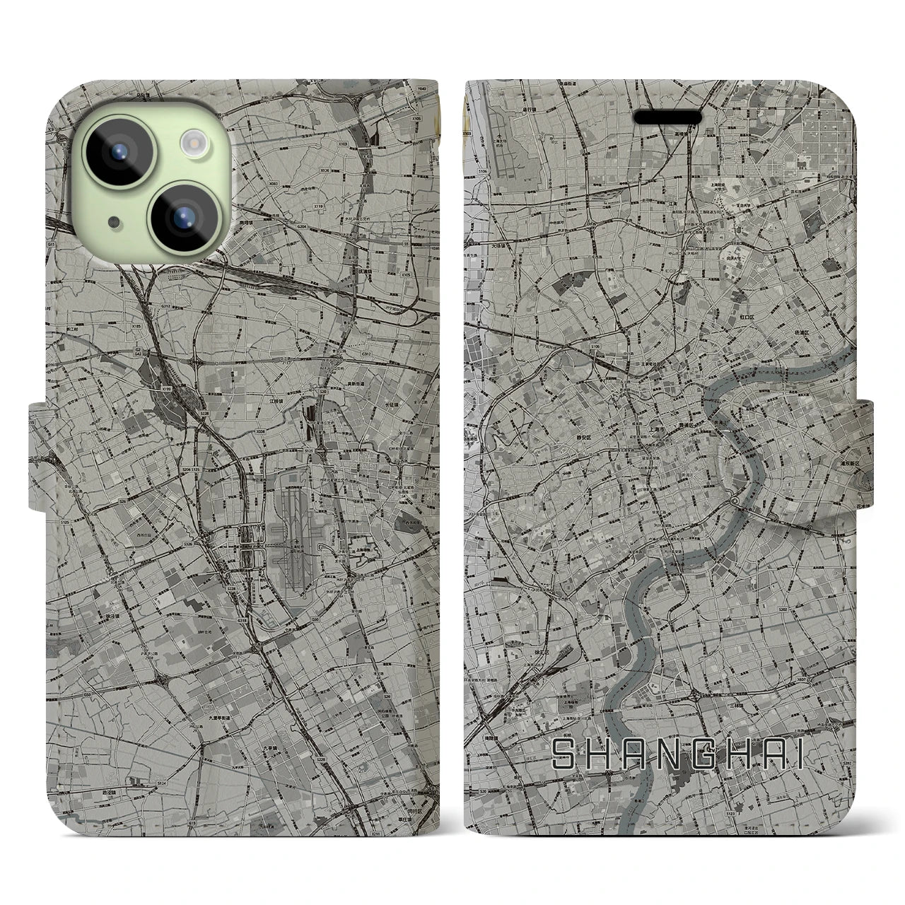 【上海】地図柄iPhoneケース（手帳両面タイプ・モノトーン）iPhone 15 用