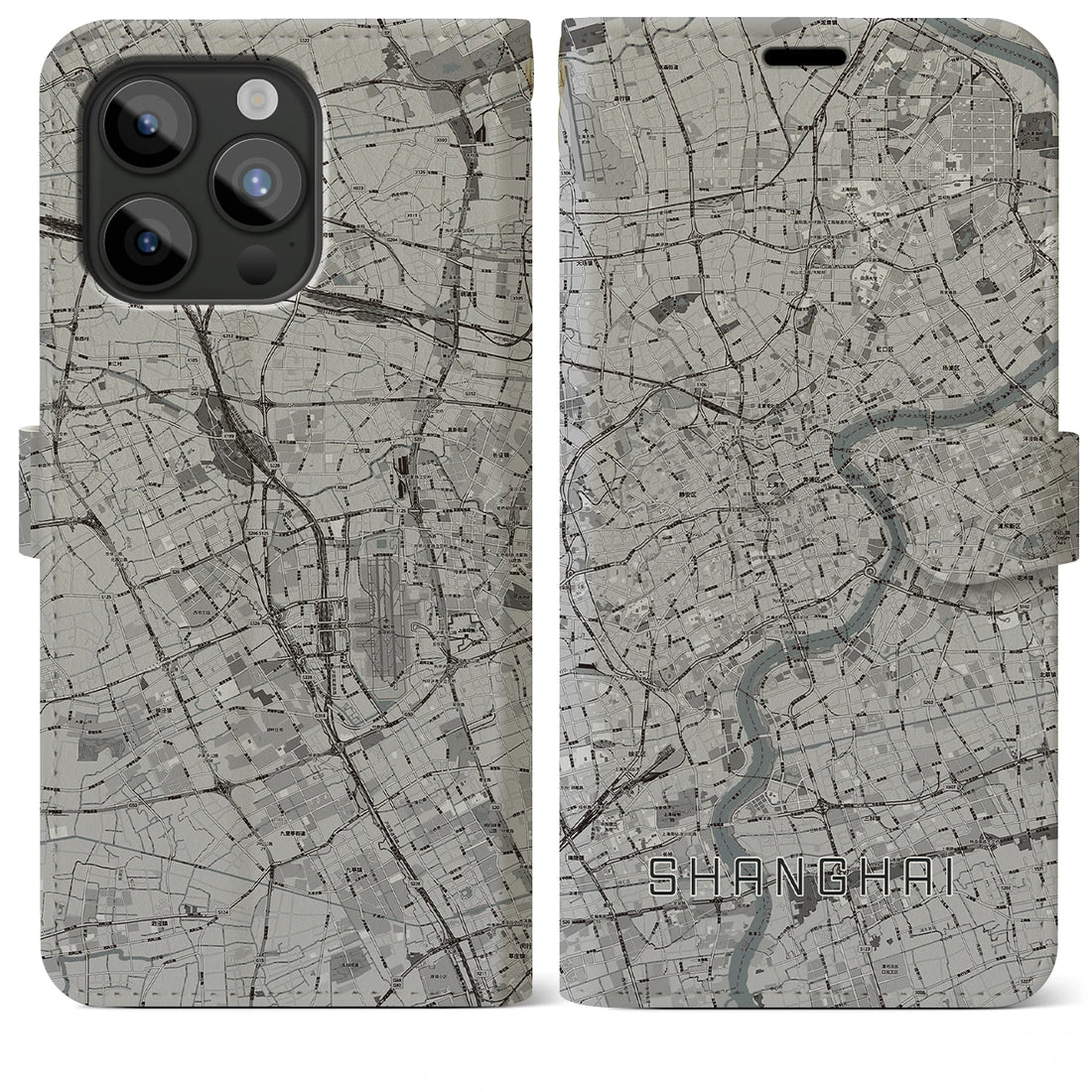 【上海】地図柄iPhoneケース（手帳両面タイプ・モノトーン）iPhone 15 Pro Max 用