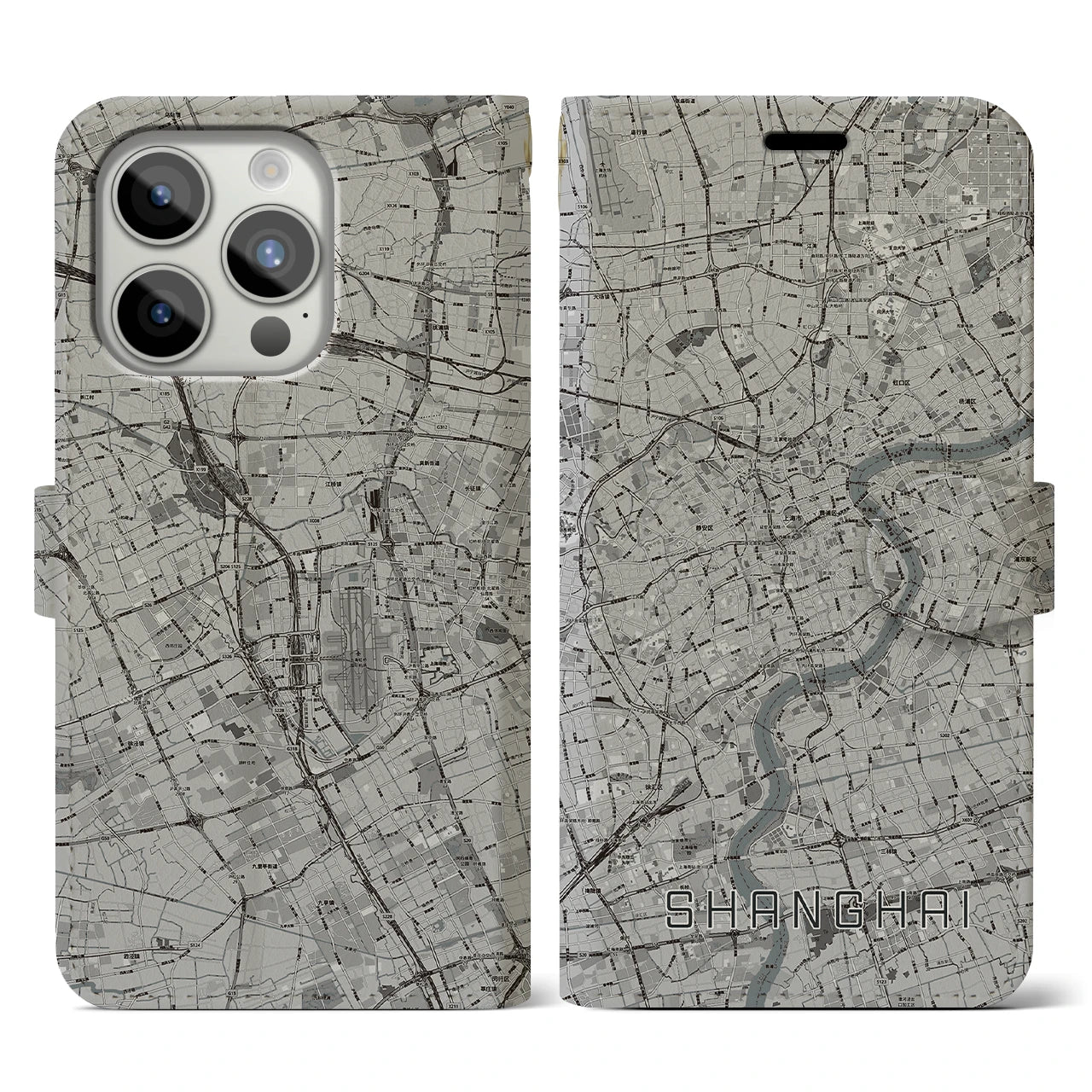 【上海】地図柄iPhoneケース（手帳両面タイプ・モノトーン）iPhone 15 Pro 用