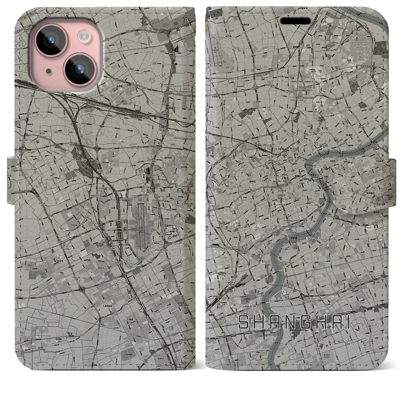 【上海】地図柄iPhoneケース（手帳両面タイプ・モノトーン）iPhone 15 Plus 用