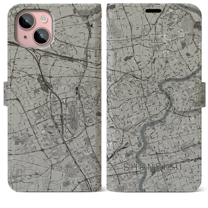 【上海（中華人民共和国）】地図柄iPhoneケース（手帳タイプ）モノトーン・iPhone 15 Plus 用