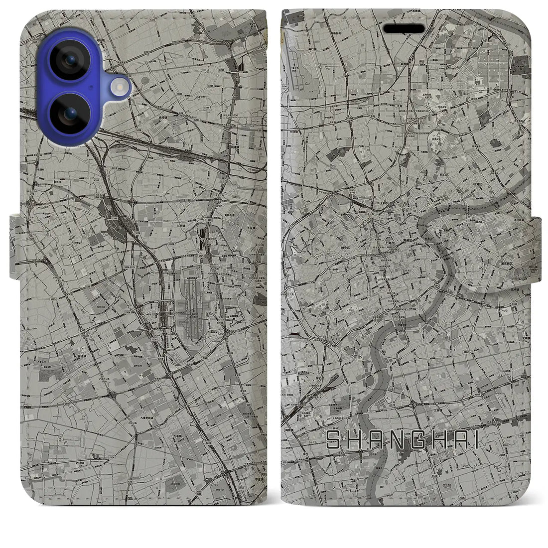 【上海(中華人民共和国)】地図柄iPhoneケース(手帳タイプ)モノトーン・iPhone 16 Pro Max 用