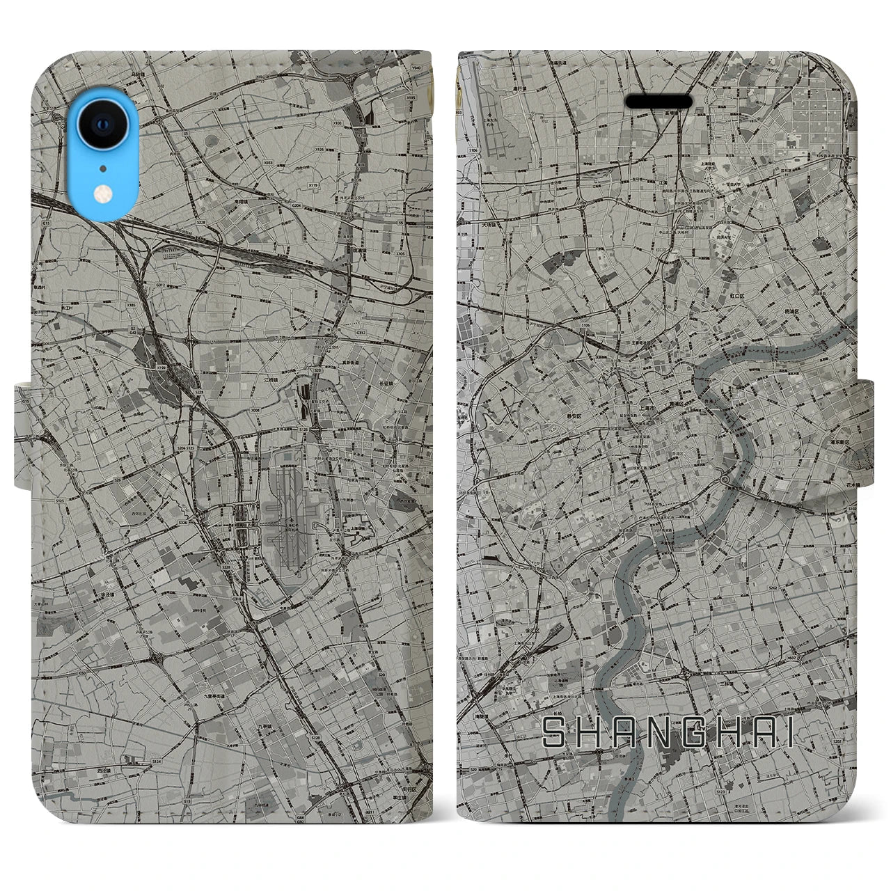 【上海】地図柄iPhoneケース（手帳両面タイプ・モノトーン）iPhone XR 用