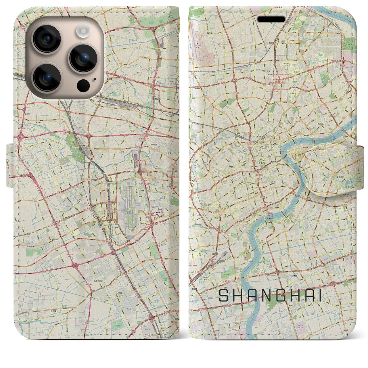 【上海（中華人民共和国）】地図柄iPhoneケース（手帳タイプ）ナチュラル・iPhone 16 Plus 用