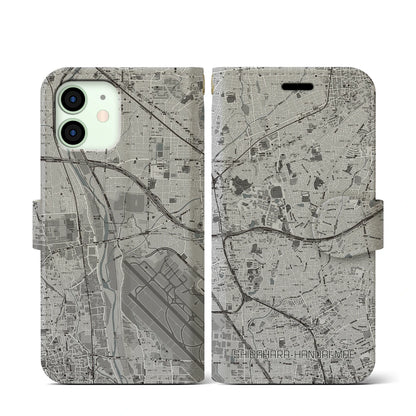 【柴原阪大前（大阪府）】地図柄iPhoneケース（手帳タイプ）モノトーン・iPhone 12 mini 用