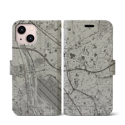 【柴原阪大前（大阪府）】地図柄iPhoneケース（手帳タイプ）モノトーン・iPhone 13 mini 用