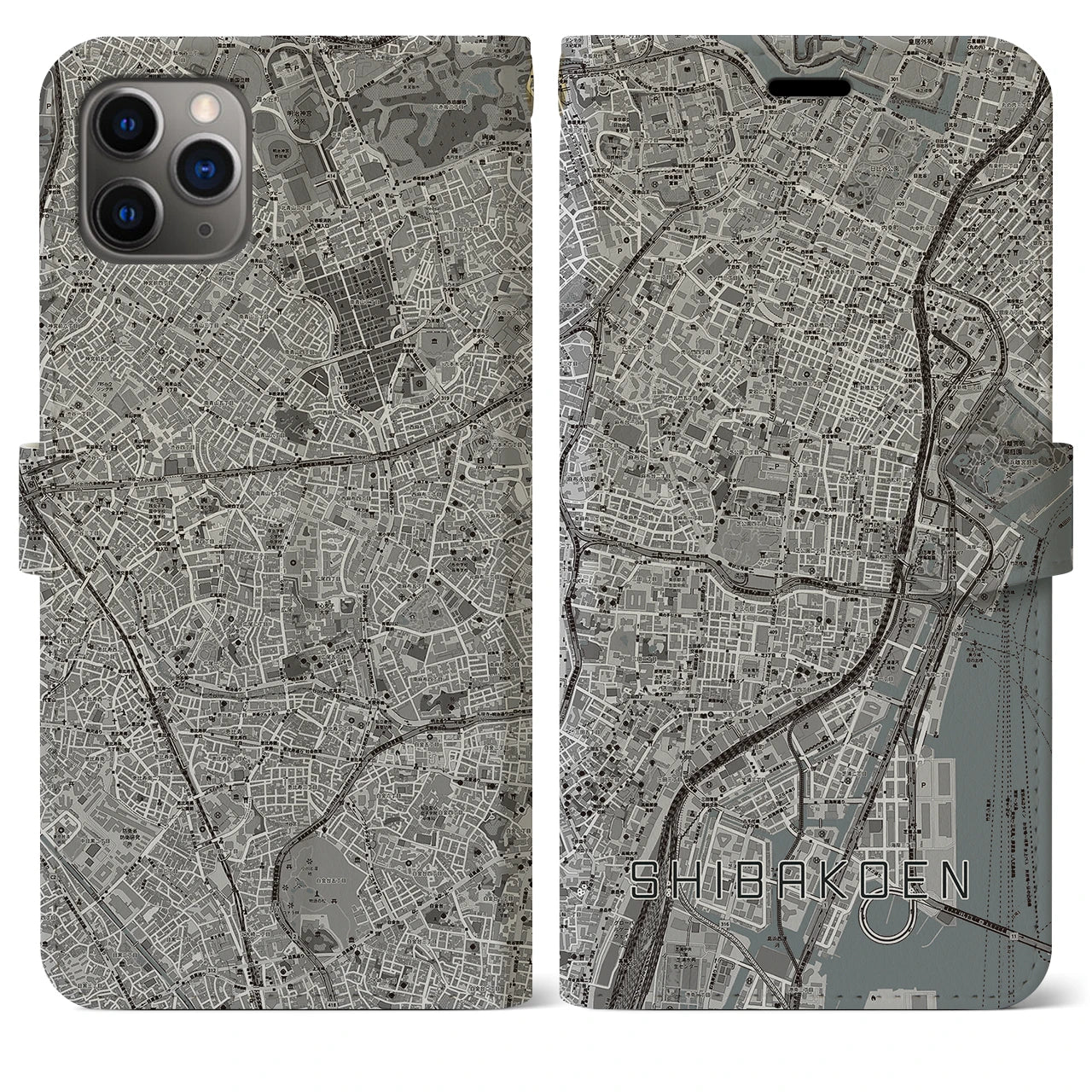 【芝公園】地図柄iPhoneケース（手帳両面タイプ・モノトーン）iPhone 11 Pro Max 用