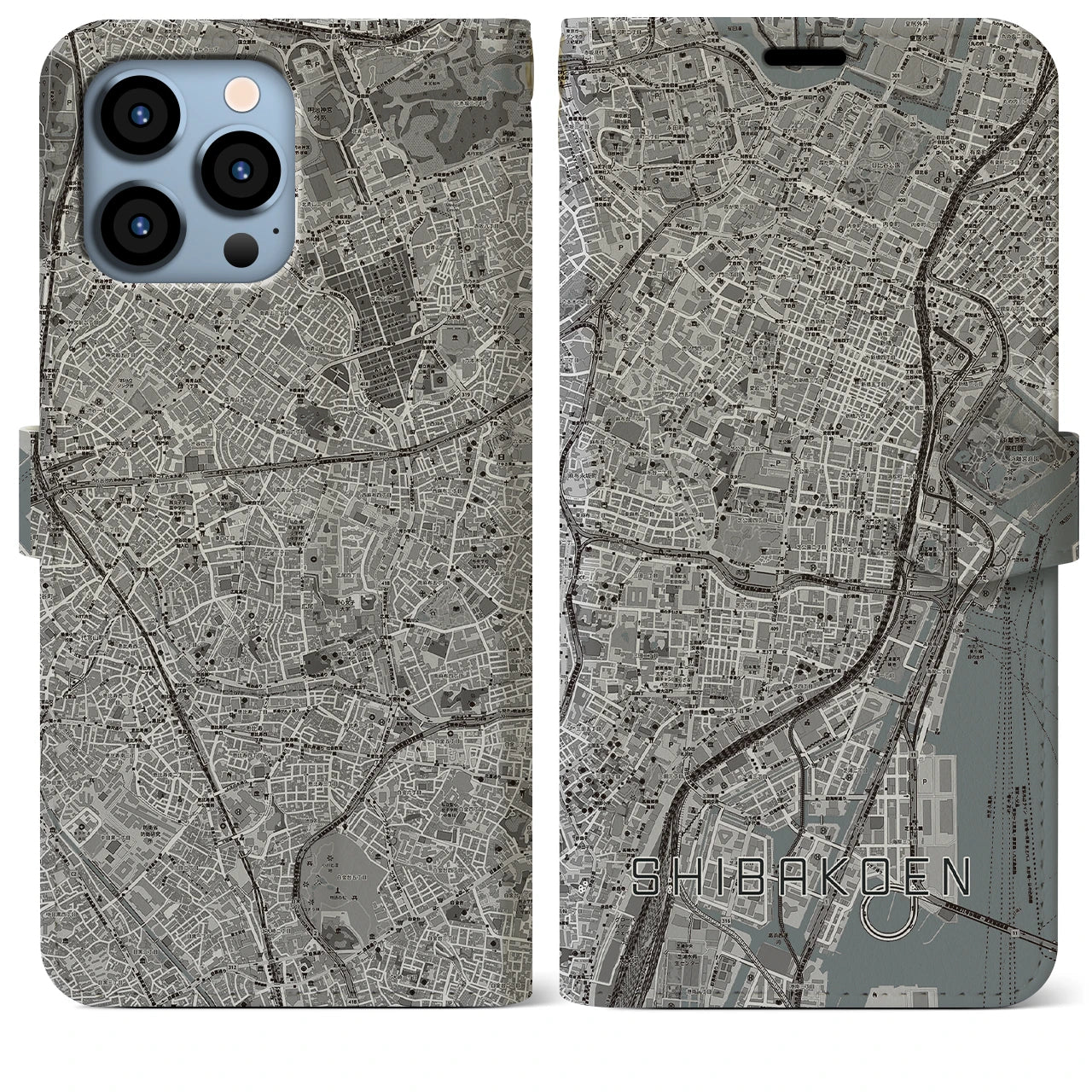 【芝公園】地図柄iPhoneケース（手帳両面タイプ・モノトーン）iPhone 13 Pro Max 用