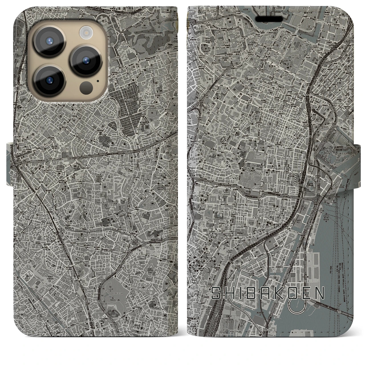 【芝公園】地図柄iPhoneケース（手帳両面タイプ・モノトーン）iPhone 14 Pro Max 用