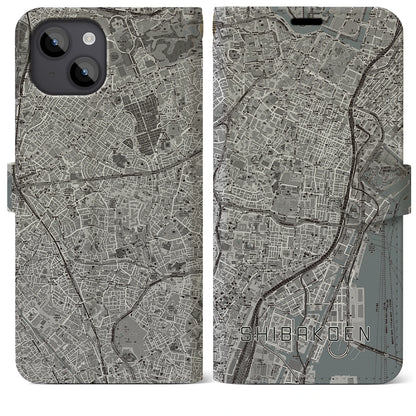 【芝公園（東京都）】地図柄iPhoneケース（手帳タイプ）モノトーン・iPhone 14 Plus 用