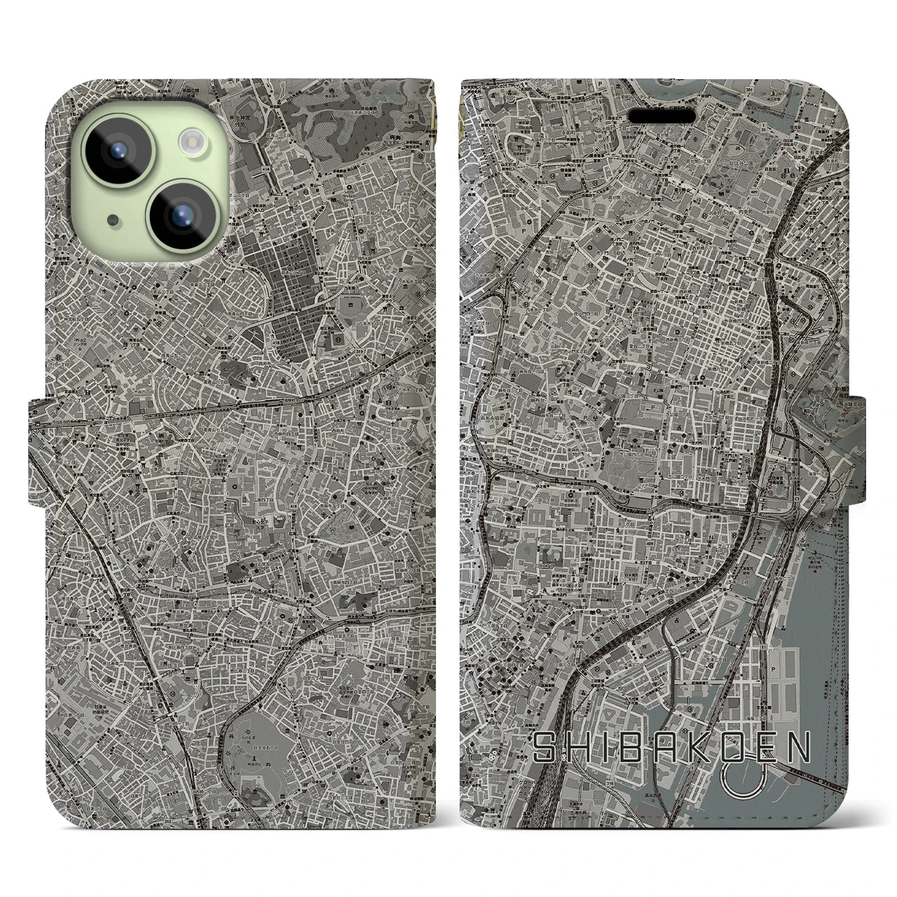 【芝公園】地図柄iPhoneケース（手帳両面タイプ・モノトーン）iPhone 15 用
