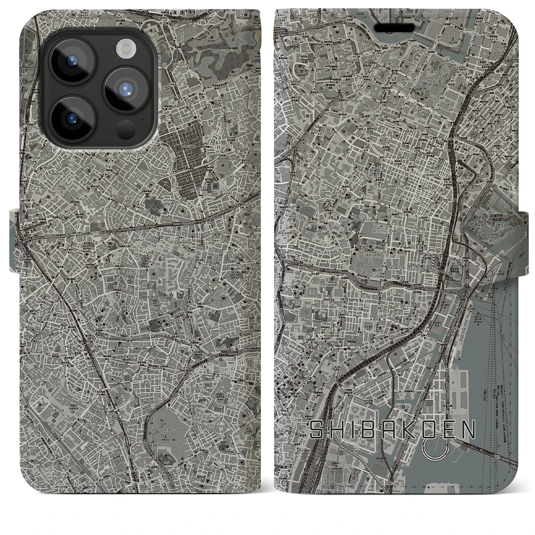 【芝公園】地図柄iPhoneケース（手帳両面タイプ・モノトーン）iPhone 15 Pro Max 用