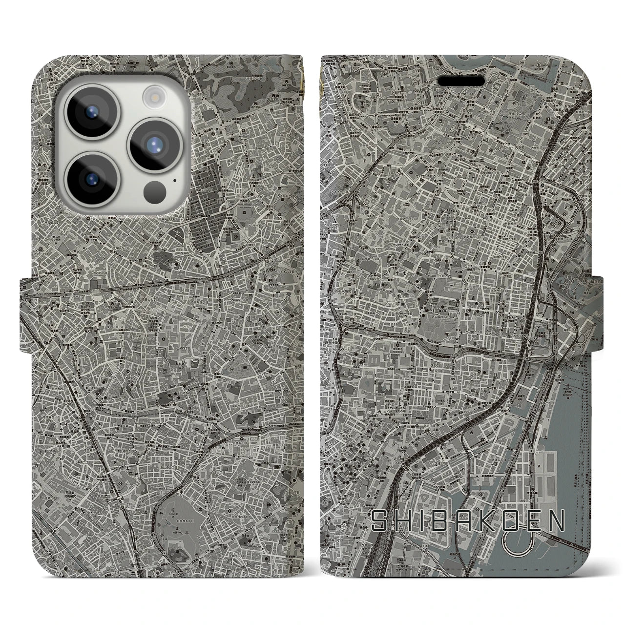 【芝公園】地図柄iPhoneケース（手帳両面タイプ・モノトーン）iPhone 15 Pro 用