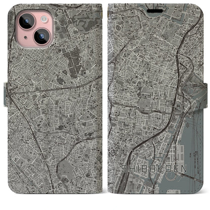 【芝公園（東京都）】地図柄iPhoneケース（手帳タイプ）モノトーン・iPhone 15 Plus 用