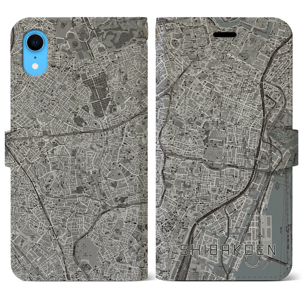 【芝公園】地図柄iPhoneケース（手帳両面タイプ・モノトーン）iPhone XR 用