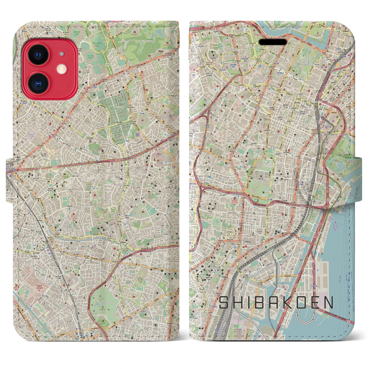 【芝公園】地図柄iPhoneケース（手帳両面タイプ・ナチュラル）iPhone 11 用