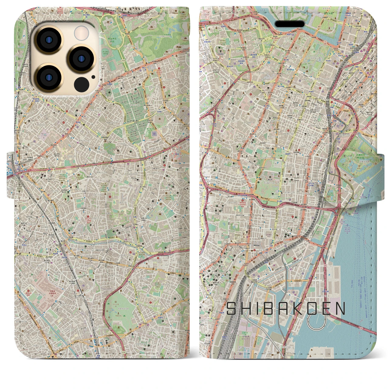 【芝公園】地図柄iPhoneケース（手帳両面タイプ・ナチュラル）iPhone 12 Pro Max 用