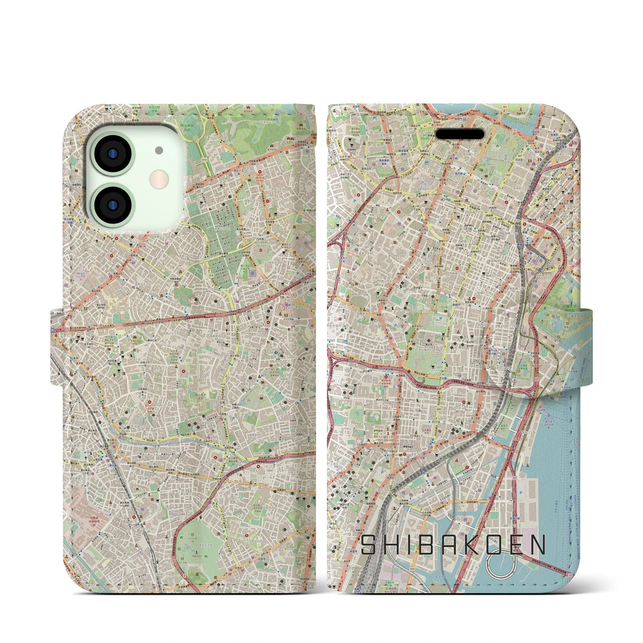 【芝公園】地図柄iPhoneケース（手帳両面タイプ・ナチュラル）iPhone 12 mini 用