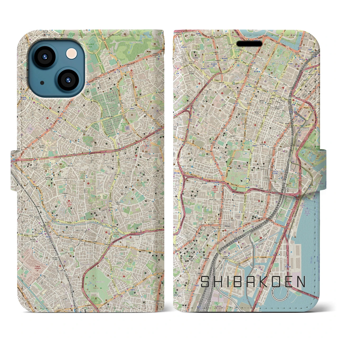 【芝公園】地図柄iPhoneケース（手帳両面タイプ・ナチュラル）iPhone 13 用